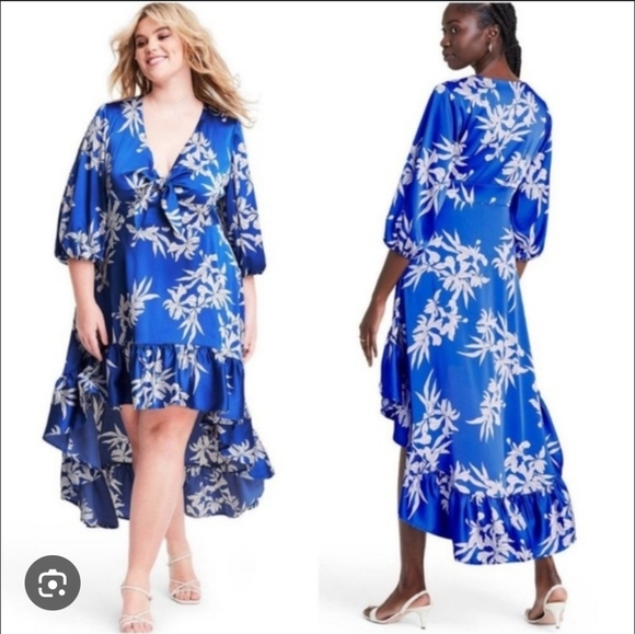 Alexis X Target Women's Plus Size Blue Floral Ruffled Hi-Low Satin Dress. 3X - Picture 4 of 11
